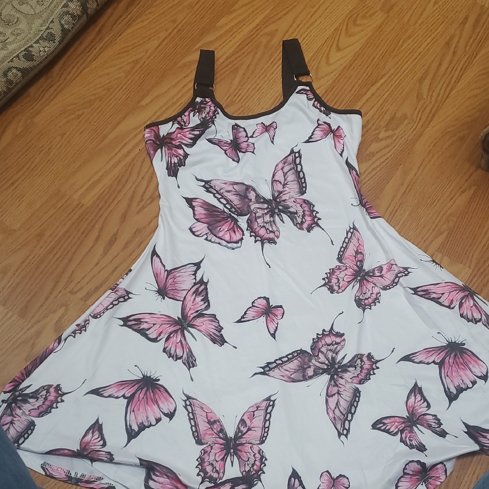 Butterfly Print Dress with Black Straps